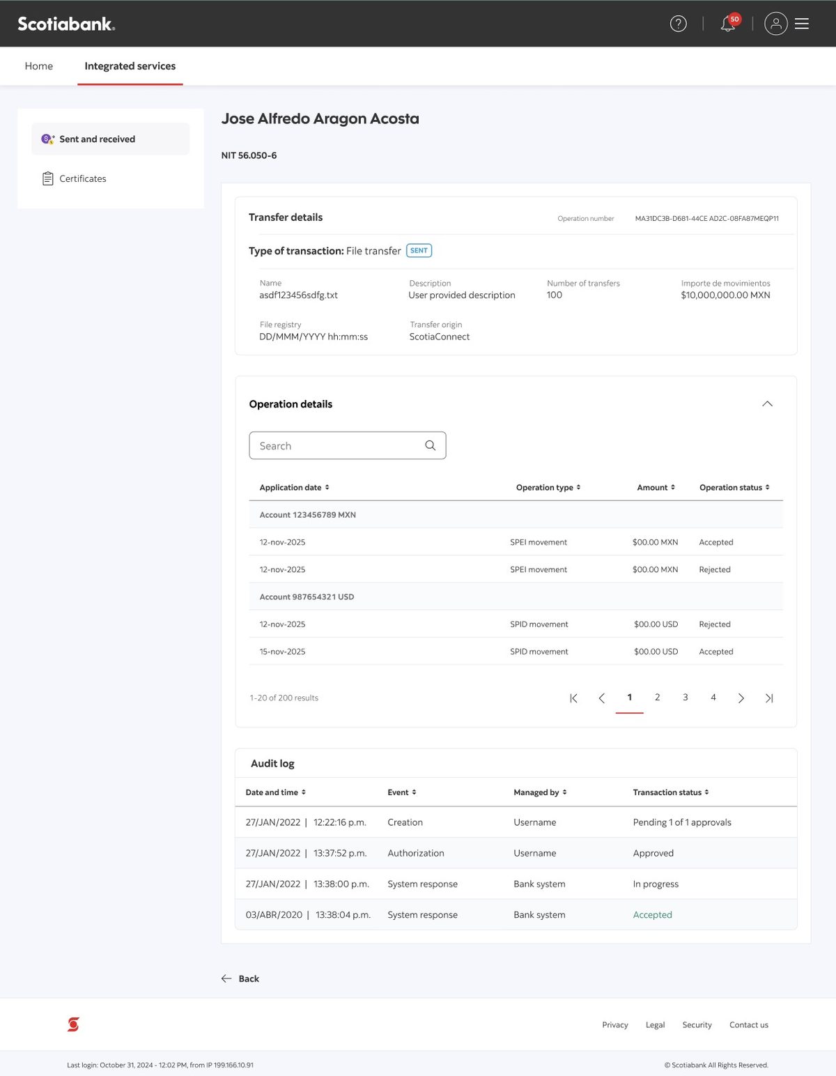 Audit log: creation, authorization and the bank’s response, per file.