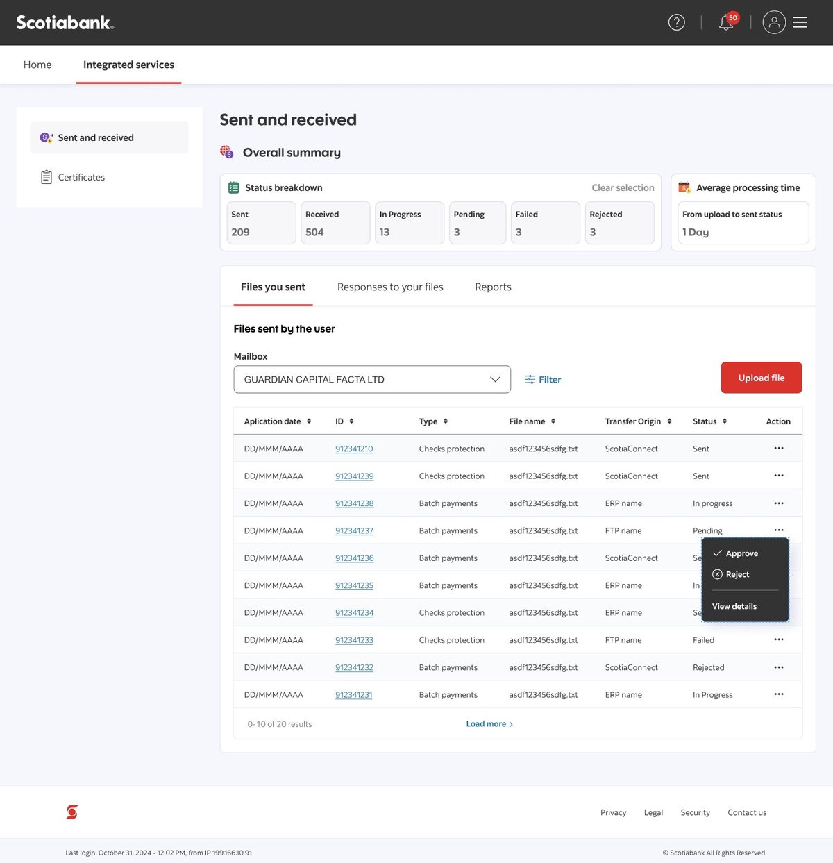 Sent and received: every file’s status at a glance, approve or reject on the row.